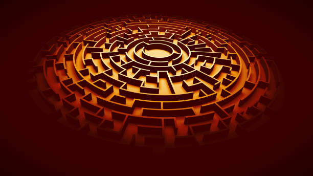 istock circular maze structure ablaze with orange light surrounded by darkness 840139206