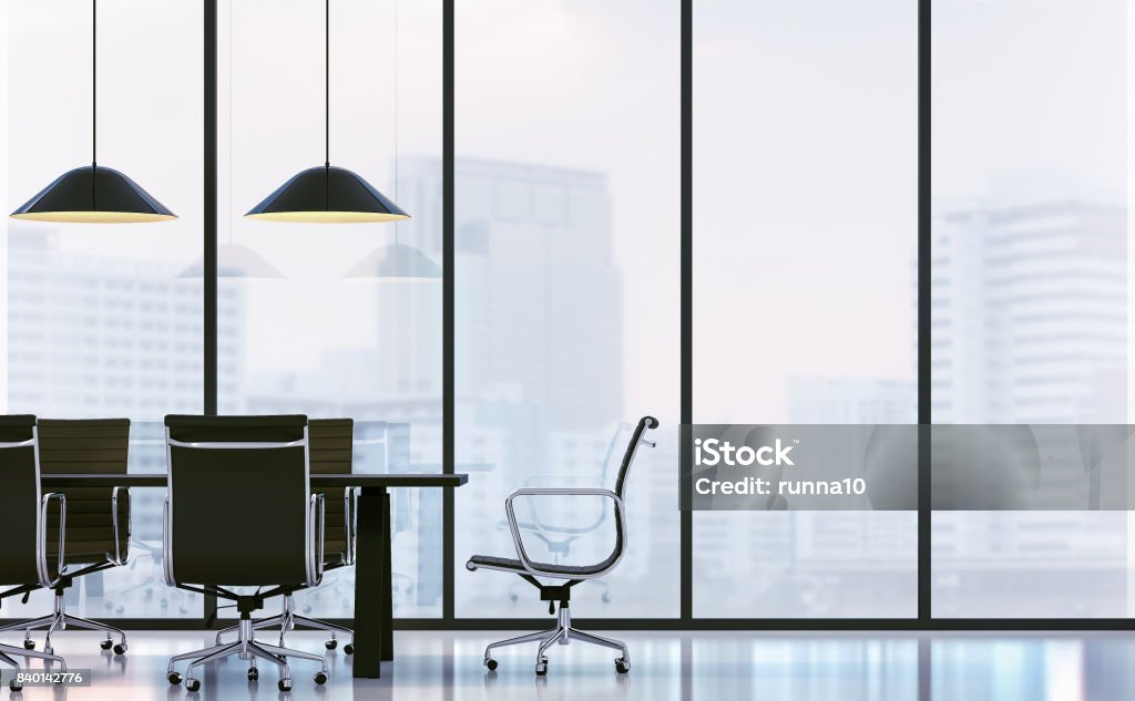 Meeting room in modern office 3D rendering image Meeting room in modern office 3D rendering image.There are white floor.Furnished with black furniture .There are large windows look out to see the city background in the  fog Office Stock Photo