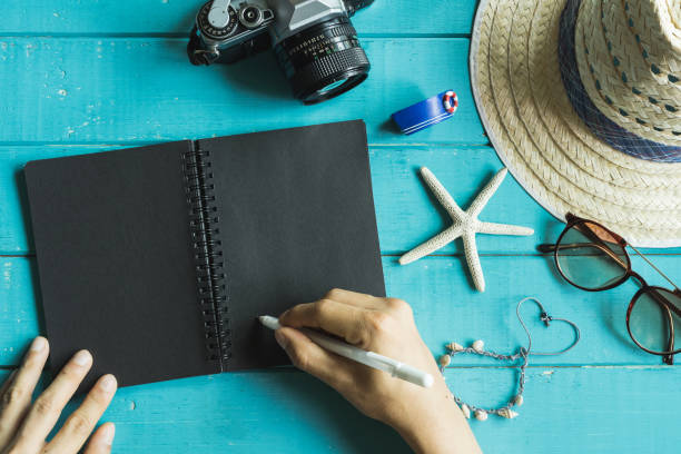 istock Overhead view of Traveler's accessories and items with notebook 840143152