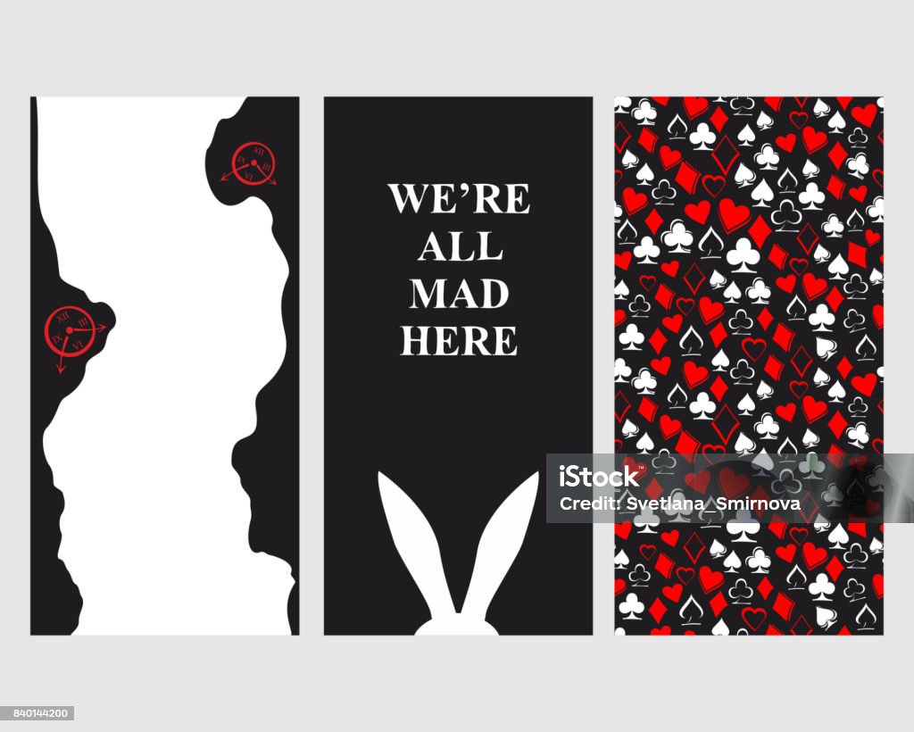 Alice in Wonderland. Set of card. Alice in Wonderland. Set of card. Playing card suits: worms, bubi, christen, peaks on white background. Seamless pattern. White rabbit and rabbit's hole . We are all mad here. Vector illustration Alice in Wonderland - Fictional Character stock vector