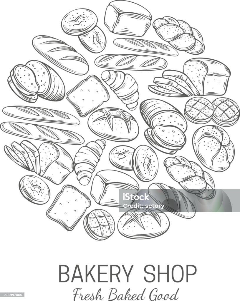 Bakery, bread shop poster template Bakery, bread shop poster template. Bakery products bread whole, french baguette, croissant for breakfast and food design Bread stock vector