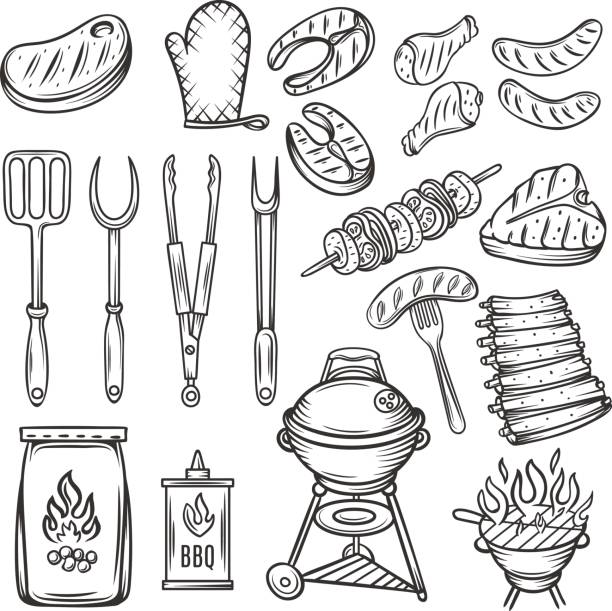 ilustraciones, imágenes clip art, dibujos animados e iconos de stock de vector set de iconos dibujados a mano barbacoa. - cooked chicken sketching roasted
