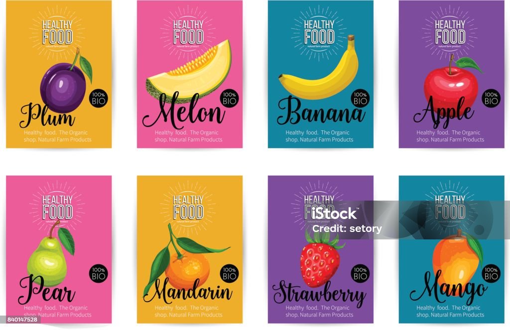 Set of vector banners with fruits Melon, mandarin, mango, strawberry, plum, banana, apple and pear. Set of vector banners with fruits. Healthy food concept for farmers market menu design. Fruit stock vector