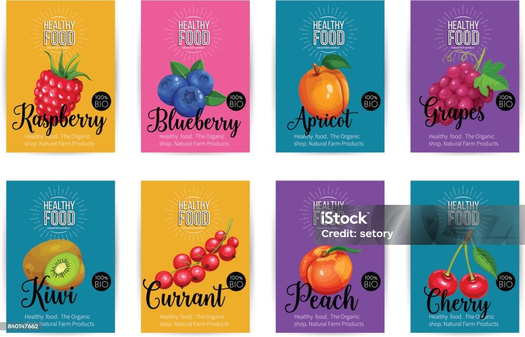 Set of vector banners with fruits Raspberries, blueberry, apricot, grapes, kiwi, currant, peach and cherry. Set of vector banners with fruits. Healthy food concept for farmers market menu design. Blueberry stock vector