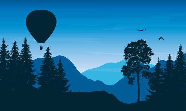 ilustrações de stock, clip art, desenhos animados e ícones de vector illustration of a mountain landscape with a flying hot air balloon with people in a basket and birds under a blue sky with clouds - air nature high up pattern