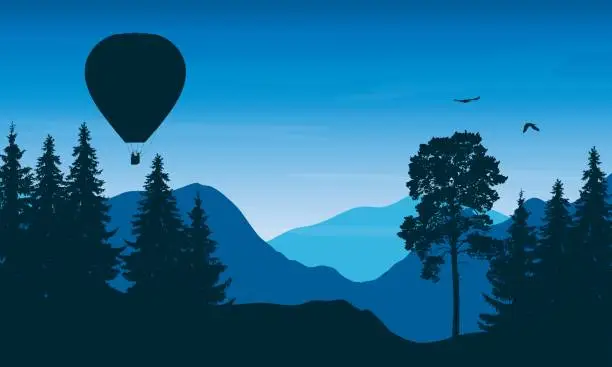 Vector illustration of Vector illustration of a mountain landscape with a flying hot air balloon with people in a basket and birds under a blue sky with clouds