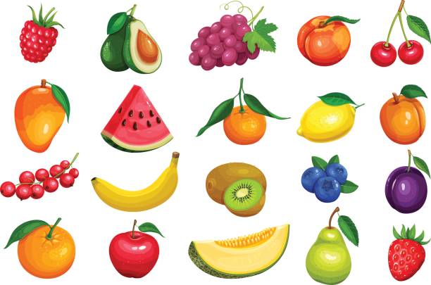 berries and fruits in cartoon style Raspberries, strawberries, grapes, currants and blueberries. Lemon, peach, apple, pear, orange watermelon avocado and melon set Vector illustration berries and fruits in cartoon style. fruit clipart stock illustrations