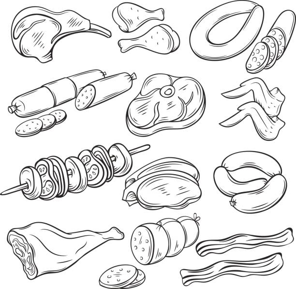 Gastronomic meat products sketches set. Gastronomic meat products sketches set. Decorative vector isolated illustration in retro style for the design food meat production , brochures, banner, restaurant menu and market meat drawings stock illustrations