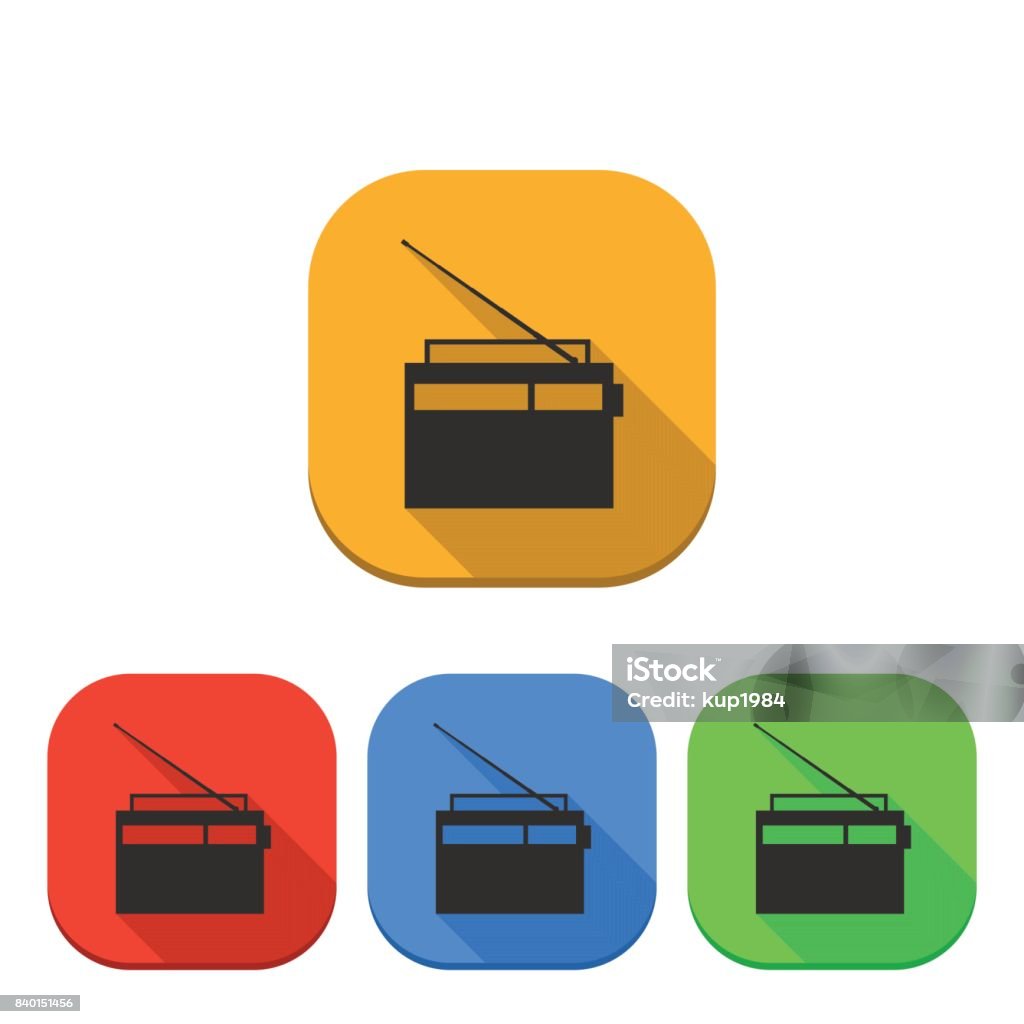 The radio icon, vector illustration. Set of colored icons retro radio with a long diagonal shadow, digital device design element, vector illustration. Car Stereo stock vector