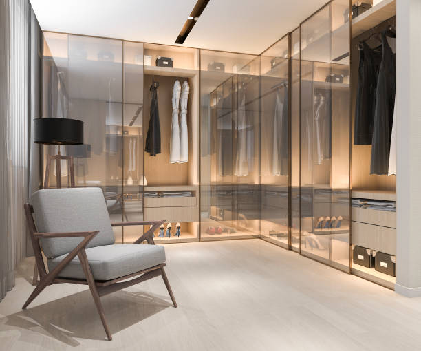 istock 3d rendering minimal scandinavian wood walk in closet with wardrobe 840173370