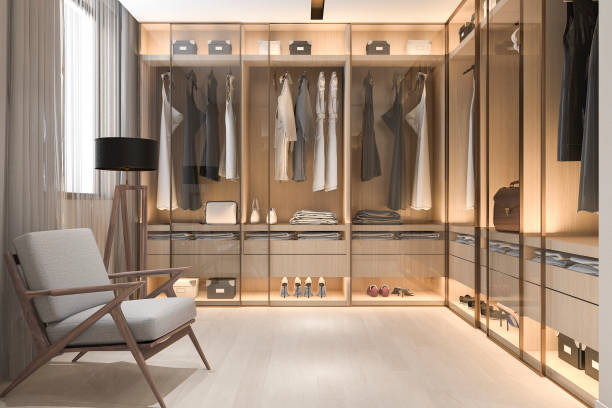 istock 3d rendering minimal scandinavian wood walk in closet with wardrobe 840173388