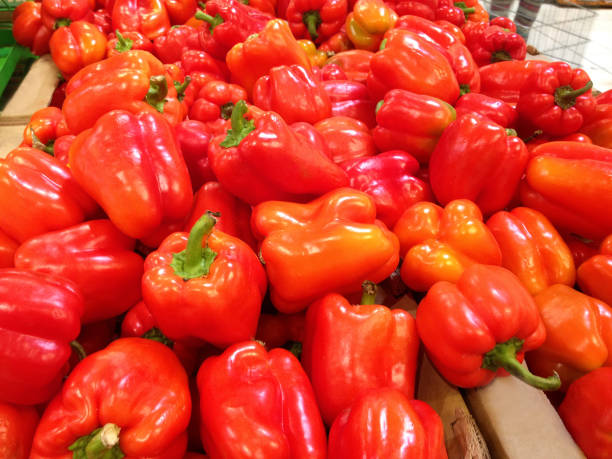 istock Red peppers lying in a boxes in the supermarket 840173788