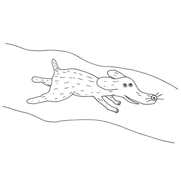 Vector illustration of Cartoon dog running along the street. Cartoon hand drawn vector sketch