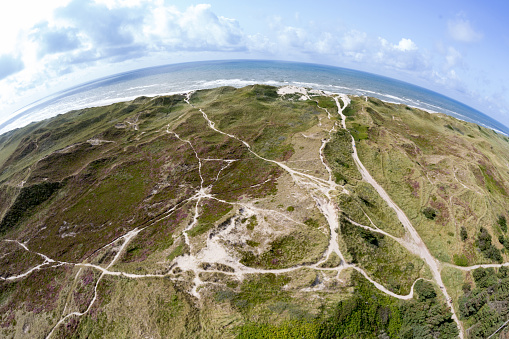 fish eye wide angle view over the dunes of the northern sea at the west coast of denmark