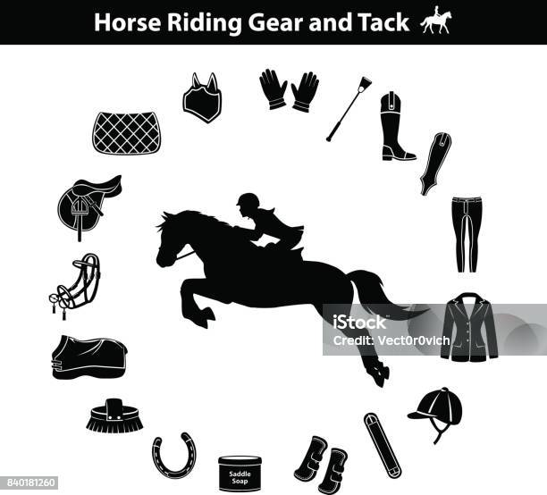 Woman Riding Horse Silhouette Equestrian Sport Equipment Icons Set Stock Illustration - Download Image Now