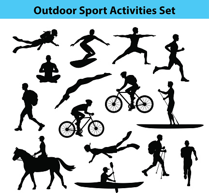 Outdoor Training Sport Activities. Male Silhouette.  Man Swimming, Trekking, Running, Cycling, Doing Yoga, Hiking, Diving, Kayaking, Stand up paddle boarding, Surfing, Scuba diving, Snorkeling, Horse Riding