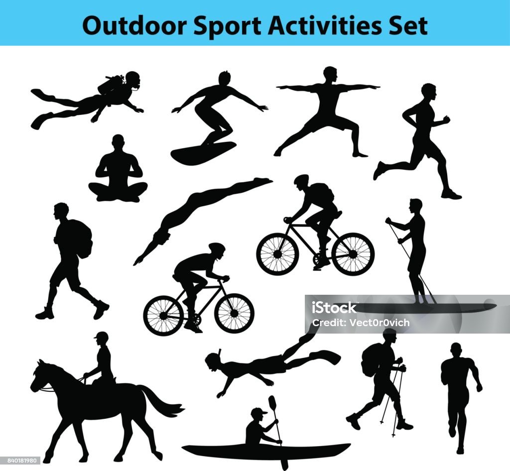 Outdoor Training Sport Activities. Male Silhouette. Outdoor Training Sport Activities. Male Silhouette.  Man Swimming, Trekking, Running, Cycling, Doing Yoga, Hiking, Diving, Kayaking, Stand up paddle boarding, Surfing, Scuba diving, Snorkeling, Horse Riding In Silhouette stock vector