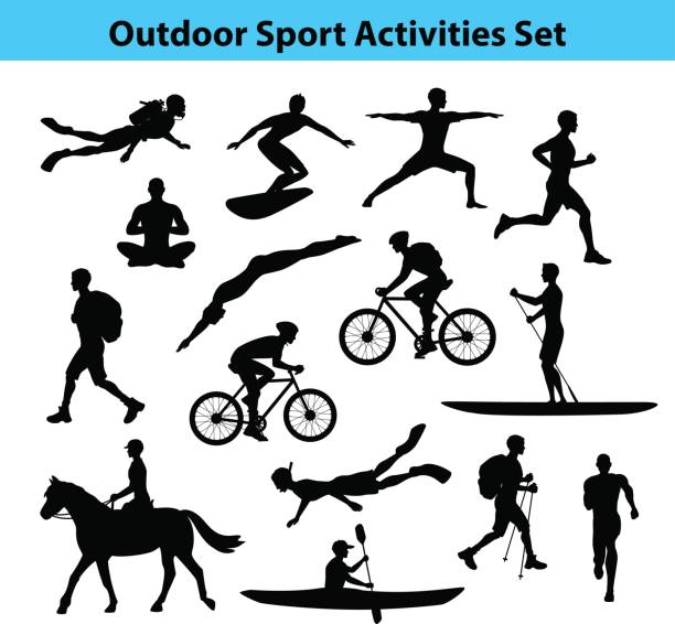 Outdoor Training Sport Activities. Male Silhouette. Outdoor Training Sport Activities. Male Silhouette.  Man Swimming, Trekking, Running, Cycling, Doing Yoga, Hiking, Diving, Kayaking, Stand up paddle boarding, Surfing, Scuba diving, Snorkeling, Horse Riding infographic silhouettes stock illustrations