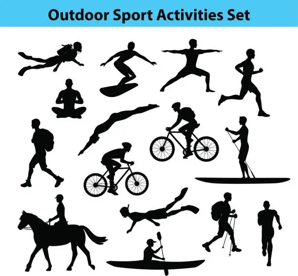 Vector illustration of Outdoor Training Sport Activities. Male Silhouette.