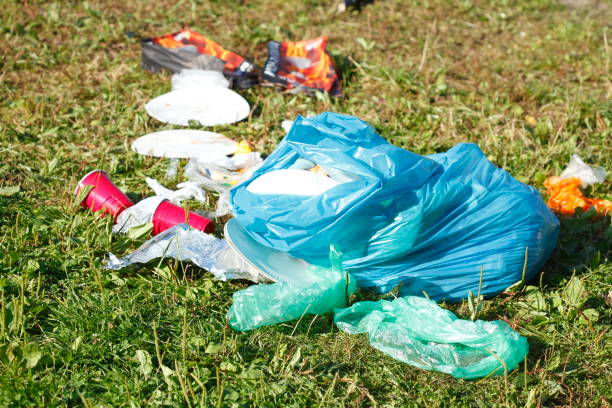 Garbage in a meadow after a party stock photo