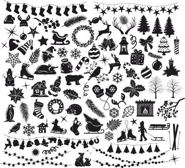 Vector illustration of Merry Christmas and Happy New Year winter set collection of silhouettes