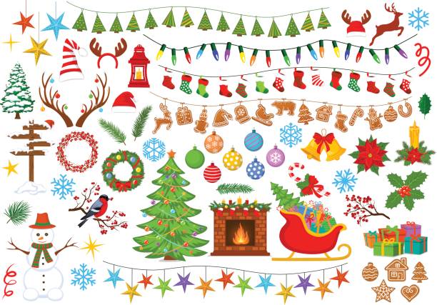 Merry Christmas and Happy New Year, seasonal, winter xmas decoration items objects Merry Christmas and Happy New Year, seasonal, winter xmas decoration items objects elements  design set collection including christmas tree, santa sleigh with presents, fireplace with wreaths and candles, garlands with lights, socks and stars poinsettia christmas candle flower stock illustrations