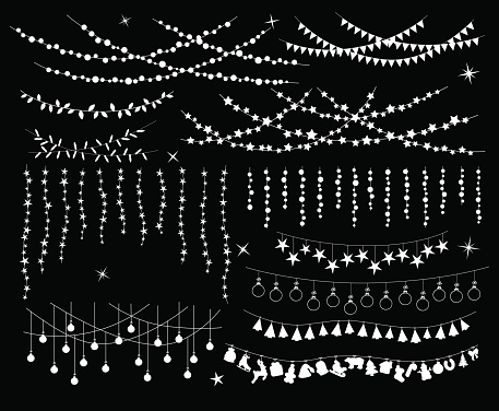 Celebration Christmas New Years Birthdays Festivals and other events hanging garlands silhouettes in shapes of bulbs lamps, circles and stars, xmas trees, balls and objects