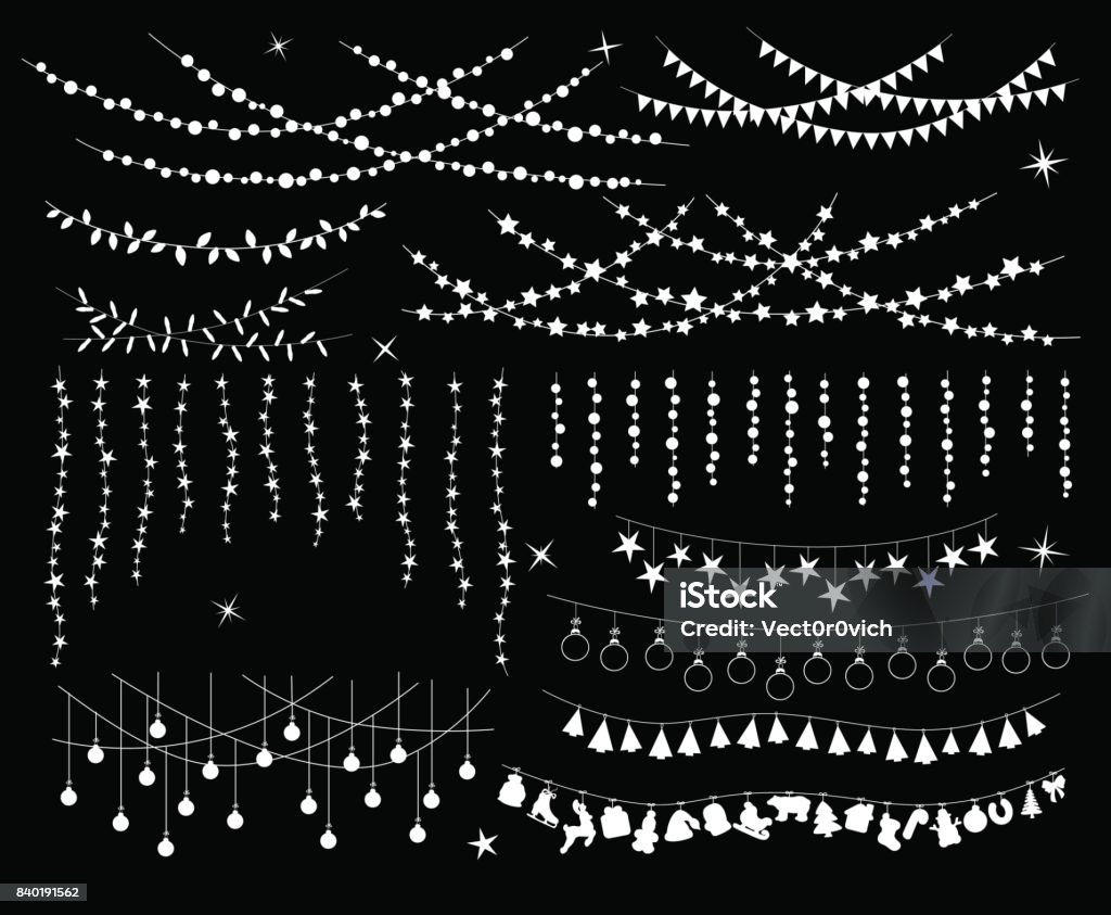 Celebration Christmas New Years Birthdays Festivals and other events hanging garlands Celebration Christmas New Years Birthdays Festivals and other events hanging garlands silhouettes in shapes of bulbs lamps, circles and stars, xmas trees, balls and objects Lighting Equipment stock vector