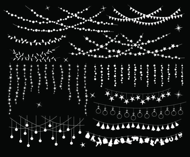 Celebration Christmas New Years Birthdays Festivals and other events hanging garlands Celebration Christmas New Years Birthdays Festivals and other events hanging garlands silhouettes in shapes of bulbs lamps, circles and stars, xmas trees, balls and objects light through trees stock illustrations