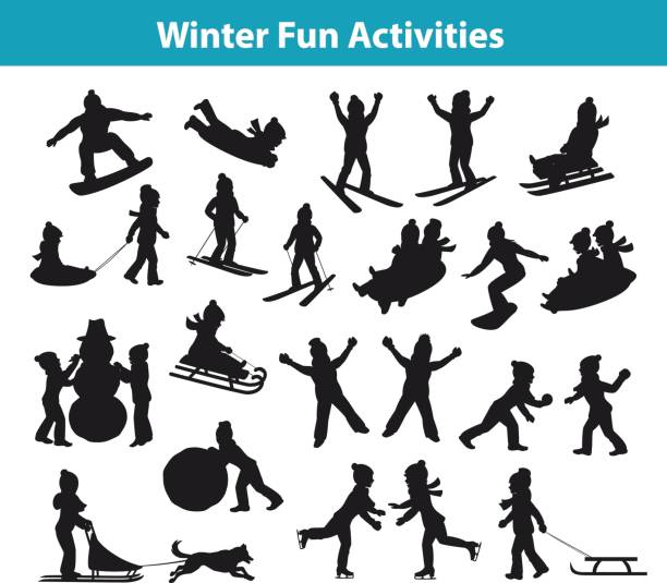 stockillustraties, clipart, cartoons en iconen met kinderen winter leuke activiteiten in ijs en sneeuw silhouet set - skivakantie