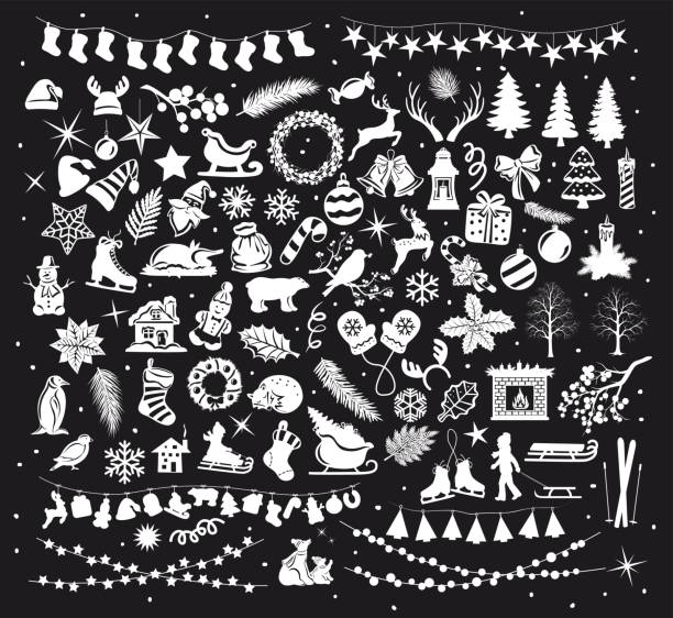 bildbanksillustrationer, clip art samt tecknat material och ikoner med god jul och gott nytt år vintern inställd samling av silhuetter - children tree christmas silhouette