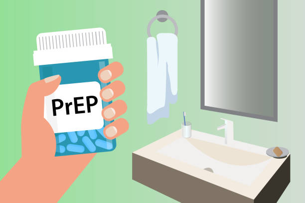 Pill Bottle over Gay Flag with label "PrEP" (stands for Pre-Exposure Prophylaxis) Pill Bottle over Gay Flag with label "PrEP" (stands for Pre-Exposure Prophylaxis). PreP treatment is used to prevent HIV infection aids stock illustrations