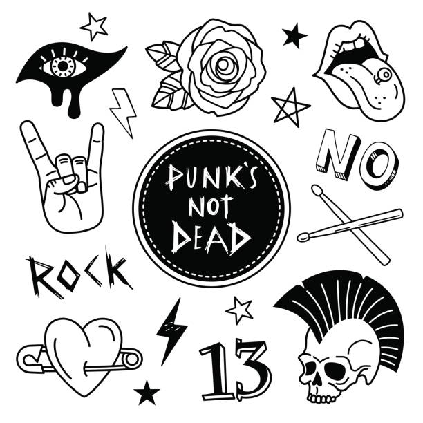 ilustraciones, imágenes clip art, dibujos animados e iconos de stock de colección de parches punk. - rock alternativo