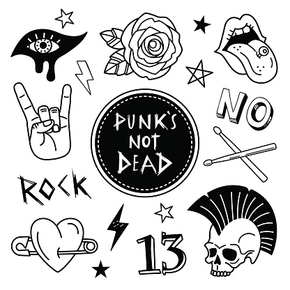 Vector illustration of grunge and rock music badges and symbols, such as Rose, Skull, open mouth with tongue, Heart on pin, eye with make up and Drumsticks. Isolated on white.
