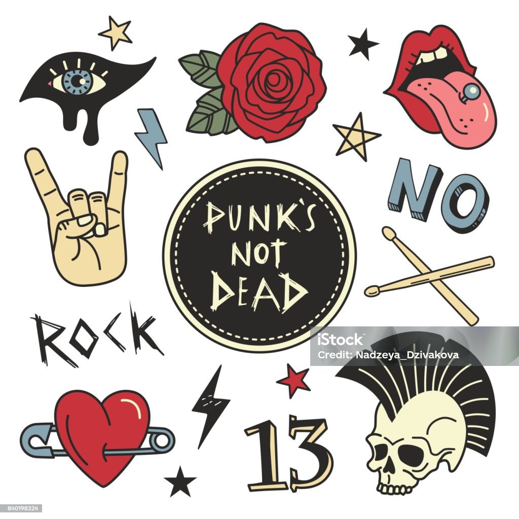 Punk patches collection. Vector illustration of grunge and rock music badges and symbols, such as Rose, Skull, open mouth with tongue, Heart on pin, eye with make up and Drumsticks. Isolated on white. Heavy Metal stock vector