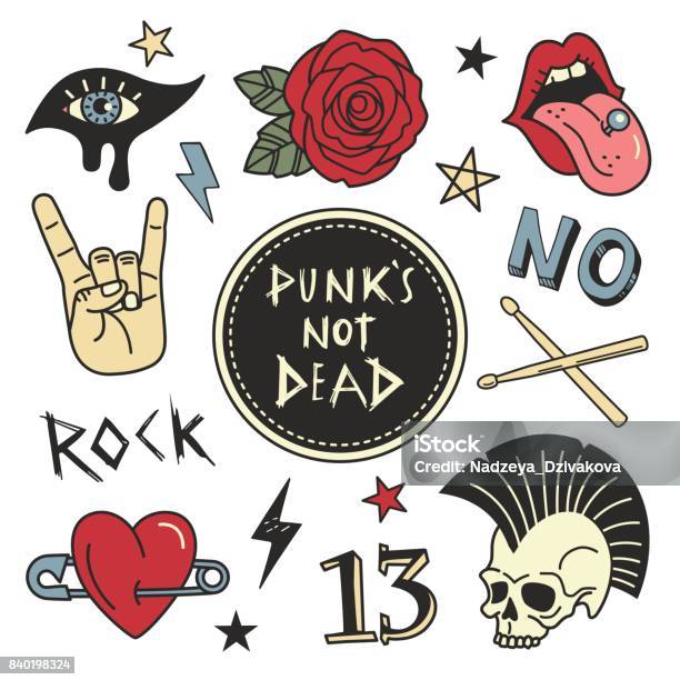 Punk Patches Collection Stock Illustration - Download Image Now - Heavy Metal, 1990-1999, Rock Music