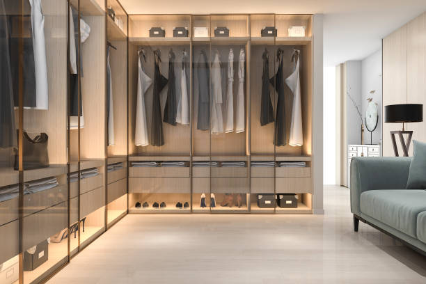 istock 3d rendering minimal scandinavian wood walk in closet with wardrobe 840202314