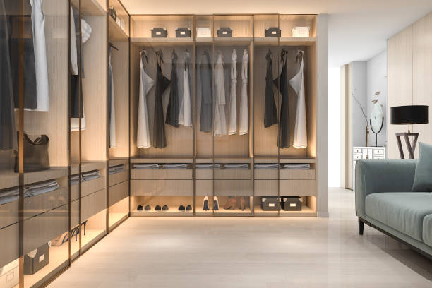 3d rendering minimal scandinavian wood walk in closet with wardrobe stock photo