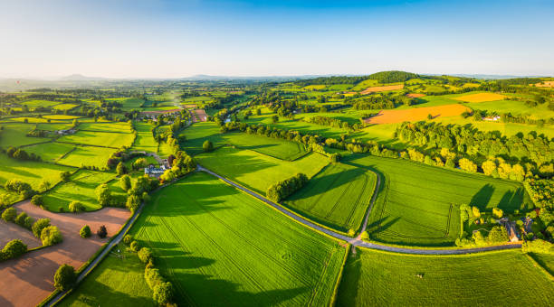 Aerial panorama over idyllic green summer farm fields crops pasture Aerial panorama over picturesque river valley meandering between rolling hills of patchwork pasture, agricultural crops, rural homes and green summer landscape. wales photos stock pictures, royalty-free photos & images