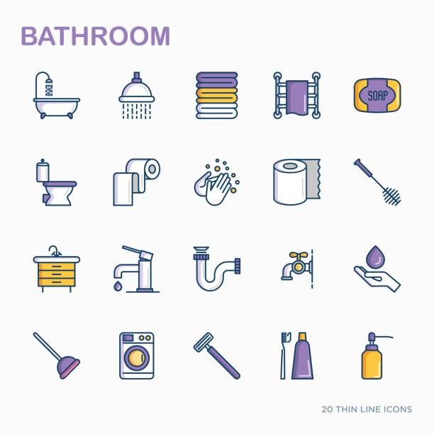 ilustrações, clipart, desenhos animados e ícones de ícones de linha fina de equipamento banheiro. higiene, pureza, beleza, encanador relacionados com ícones. ilustração em vetor. - hygiene bathtub symbol toothbrush