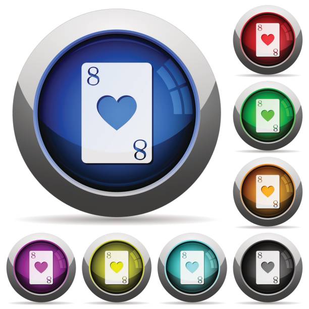 osiem serc karty okrągłe błyszczące przyciski - rummy leisure games number color image stock illustrations