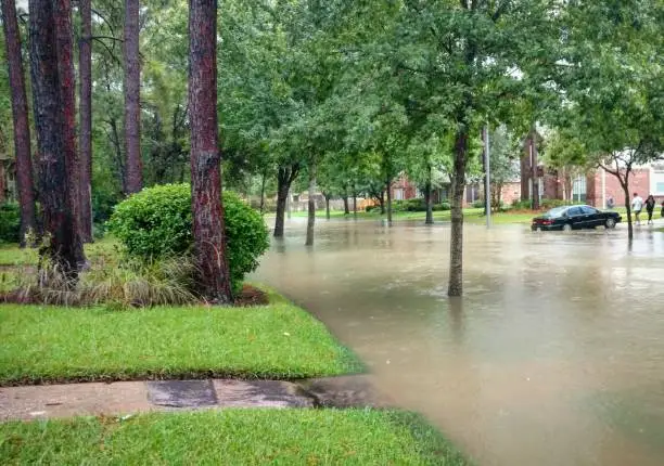 Photo of Houston, Texas suburban street flooded by Hurricane Harvey