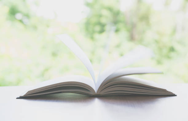 istock open book. Book, open, on old wooden table on nature background. 840226864