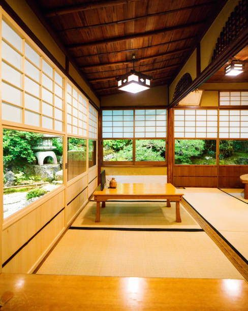 istock Japanese restaurant dining room corner with windows to garden 840236568