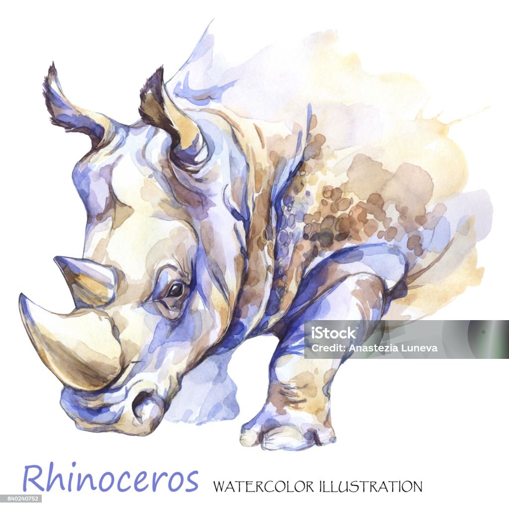 Rhinoceros Aquarelle sur fond blanc. Afrique animal. Illustration de la faune d’art. Peut être imprimé sur des T-shirts, sacs, affiches, invitations, cartes, étuis pour téléphone, oreillers - Illustration de Rhinocéros libre de droits