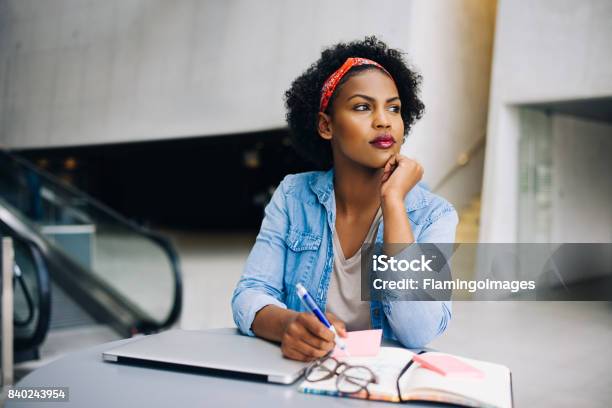 Joven Empresaria Africana Imaginando Nuevas Ideas De Negocio Foto de stock y más banco de imágenes de Contemplación