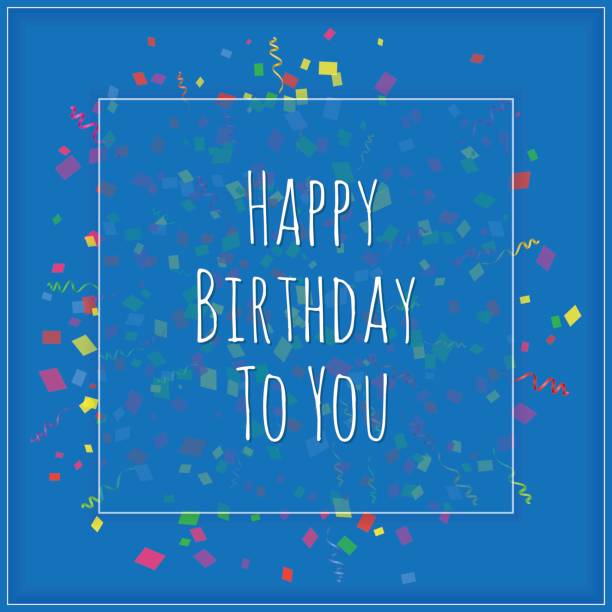 istock A square Happy Birthday banner on a blue background with colored confetti and ribbons. Vector illustration 840244706