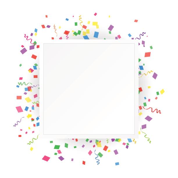 istock A square banner on a white background with colored confetti and ribbons. Vector illustration 840246980