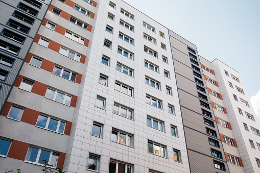 plattenbau building at low angle view