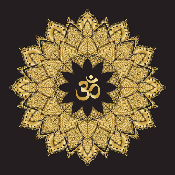 ilustraciones, imágenes clip art, dibujos animados e iconos de stock de símbolo de om con mandala. patrón redondo dorado sobre fondo negro. - om symbol